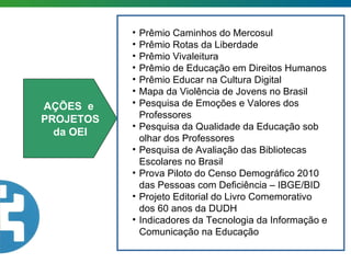 AÇÕES  e  PROJETOS da OEI Prêmio Caminhos do Mercosul Prêmio Rotas da Liberdade Prêmio Vivaleitura  Prêmio de Educação em Direitos Humanos Prêmio Educar na Cultura Digital Mapa da Violência de Jovens no Brasil Pesquisa de Emoções e Valores dos Professores Pesquisa da Qualidade da Educação sob olhar dos Professores Pesquisa de Avaliação das Bibliotecas Escolares no Brasil Prova Piloto do Censo Demográfico 2010 das Pessoas com Deficiência – IBGE/BID Projeto Editorial do Livro Comemorativo dos 60 anos da DUDH Indicadores da Tecnologia da Informação e Comunicação na Educação 