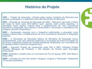 1991  – Tratado de Assunção - firmado pelos países membros do Mercosul que declara o português e o espanhol como idiomas oficiais do Mercosul. 2001  – Reunião de ministros de Educação do SEM – Mercosul, aprovado o Plano de Ação do Setor para 2001-2005,o qual  aponta, entre outros aspectos, “a educação como espaço cultural para o fortalecimento de uma consciência favorável à integração, que valorize a diversidade e reconheça a importância dos códigos culturais e linguísticos. 2003  – Declaração conjunta com a Argentina reafirmando a educação como espaço cultural para o fortalecimento de uma consciência favorável à integração regional. 2004  – A Secretaria de Educação Básica do Ministério da Educação iniciou entendimentos, junto aos sistemas estaduais e municipais de ensino da região sul do Brasil, buscando adesão de escolas brasileiras localizadas nos municípios de Uruguaiana (RS) e Dionísio Cerqueira (SC). 2005  – Assinado Projeto de cooperação entre OEI e MEC intitulado Projeto Escolas Bilíngues de Fronteira – Um Modelo de Ensino para Educação Interculutral 2006 - Ampliado o projeto para os municípios de Foz do Iguaçu (PR), São Borja e Itaqui (RS). 2009  – Inclusão de mais três países: Paraguai, Uruguai e Venezuela. Totalizando 14 escolas brasileiras. Histórico do Projeto 