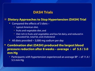 DASH Trials
 Dietary Approaches to Stop Hypertension (DASH) Trial
 Compared the effects of 3 diets –
• typical American diet,
• fruits and vegetable diet, and
• Diet rich in fruits and vegetables and low fat dairy, and reduced in
saturated fat, total fat, and cholesterol
 All diets provided ~ 3,000 mg sodium per day
 Combination diet (DASH) produced the largest blood
pressure reduction after 8 weeks – average of 5.5 / 3.0↓
mm Hg
• Participants with hypertension experienced an average BP of 11.4 /↓
5.5 mm Hg
 