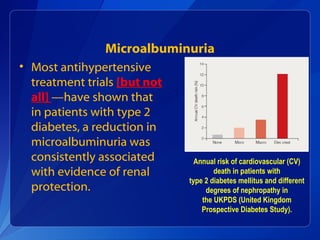 Microalbuminuria
• Most antihypertensive
treatment trials [but not
all] —have shown that
in patients with type 2
diabetes, a reduction in
microalbuminuria was
consistently associated
with evidence of renal
protection.
Annual risk of cardiovascular (CV)
death in patients with
type 2 diabetes mellitus and different
degrees of nephropathy in
the UKPDS (United Kingdom
Prospective Diabetes Study).
 