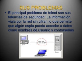 SUS PROBLEMAS
• El principal problema de telnet son sus
  falencias de seguridad. La información
  viaja por la red sin cifrar, lo que permite
  que algún espía pueda acceder a datos
  como nombres de usuario y contraseñas
 