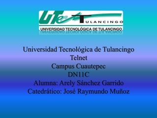 Universidad Tecnológica de Tulancingo
                Telnet
         Campus Cuautepec
               DN11C
   Alumna: Arely Sánchez Garrido
 Catedrático: José Raymundo Muñoz
 