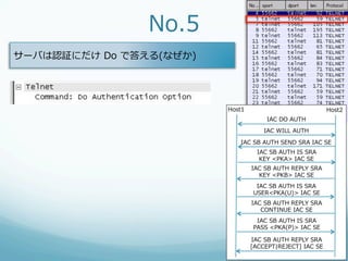 No.5
サーバは認証にだけ  Do  で答える(なぜか)




                           Host1                               Host2
                                        IAC  DO  AUTH
                                       IAC  WILL  AUTH

                              IAC  SB  AUTH  SEND  SRA  IAC  SE
                                     IAC  SB  AUTH  IS  SRA
                                      KEY  <PKA>  IAC  SE
                                   IAC  SB  AUTH  REPLY  SRA
                                     KEY  <PKB>  IAC  SE
                                     IAC  SB  AUTH  IS  SRA
                                    USER<PKA(U)>  IAC  SE
                                   IAC  SB  AUTH  REPLY  SRA
                                      CONTINUE  IAC  SE
                                     IAC  SB  AUTH  IS  SRA
                                    PASS  <PKA(P)>  IAC  SE

                                   IAC  SB  AUTH  REPLY  SRA
                                   [ACCEPT|REJECT]  IAC  SE
 