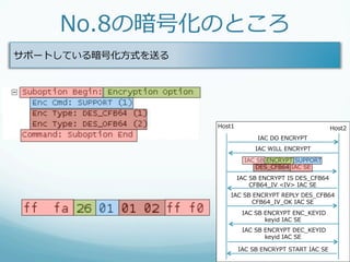 No.8の暗号化のところ
サポートしている暗号化⽅方式を送る




                    Host1                                      Host2
                                   IAC  DO  ENCRYPT
                                  IAC  WILL  ENCRYPT
                              IAC  SB  ENCRYPT  SUPPORT
                                  DES_̲CFB64  IAC  SE
                            IAC  SB  ENCRYPT  IS  DES_̲CFB64
                                 CFB64_̲IV  <IV>  IAC  SE
                       IAC  SB  ENCRYPT  REPLY  DES_̲CFB64
                               CFB64_̲IV_̲OK  IAC  SE
                               IAC  SB  ENCRYPT  ENC_̲KEYID
                                        keyid  IAC  SE
                               IAC  SB  ENCRYPT  DEC_̲KEYID
                                        keyid  IAC  SE

                            IAC  SB  ENCRYPT  START  IAC  SE
 