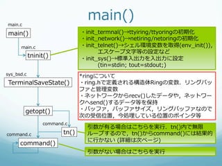 main.c
                                  main()
 main()                         ・init_̲termnal()→ttyiring/ttyoringの初期化
                                ・init_̲network()→netiring/netoringの初期化
       main.c                   ・init_̲telnet()→シェル環境変数を取得(env_̲init())，
                                 エスケープ⽂文字等の設定など
             tninit()           ・init_̲sys()→標準⼊入出⼒力力を⼊入出⼒力力に設定
                                 (tin=stdin;  tout=stdout;)
sys_̲bsd.c
                                *ringについて
  TerminalSaveState()           ・ring.hで定義される構造体Ringの変数．リングバッ
                                ファと管理理変数
                                ・ネットワークからrecv()したデータや，ネットワー
                                クへsend()するデータ等を保持
         getopt()               ・バッファ，バッファサイズ，リングバッファなので
                                次の受信位置，今処理理している位置のポインタ等
                  command.c
                                  引数が有る場合はこちらを実⾏行行．tn()内で無限
command.c                tn()     ループするので，tn()からcommand()には結果的
                                  に⾏行行かない  (詳細は次ページ)
      command()
                                  引数がない場合はこちらを実⾏行行  
 