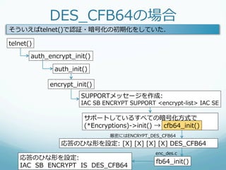 DES_̲CFB64の場合
そういえばtelnet()で認証・暗号化の初期化をしていた．

telnet()

       auth_̲encrypt_̲init()

               auth_̲init()

              encrypt_̲init()
                         SUPPORTメッセージを作成:
                         IAC  SB  ENCRYPT  SUPPORT  <encrypt-‐‑‒list>  IAC  SE

                          サポートしているすべての暗号化⽅方式で
                          (*Encryptions)-‐‑‒>init()  → cfb64_̲init()
                                    厳密にはENCRYPT_̲DES_̲CFB64
                  応答のひな形を設定:  [X]  [X]  [X]  [X]  DES_̲CFB64
                                                     enc_̲des.c
   応答のひな形を設定:
                                                     fb64_̲init()
   IAC    SB    ENCRYPT    IS    DES_̲CFB64
 