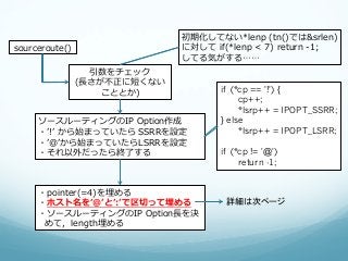 初期化してない*lenp  (tn()では&srlen)
sourceroute()                    に対して  if(*lenp  <  7)  return  -‐‑‒1;
                                 してる気がする……
                    引数をチェック
                (⻑⾧長さが不不正に短くない
                      こととか)               if (*cp == '!') {
                                               cp++;
                                               *lsrp++ = IPOPT_SSRR;
     ソースルーティングのIP  Option作成               } else
     ・ʼ’!ʼ’  から始まっていたら  SSRRを設定                *lsrp++ = IPOPT_LSRR;
     ・ʼ’@ʼ’から始まっていたらLSRRを設定
     ・それ以外だったら終了了する                       if (*cp != '@')
                                               return -1;


     ・pointer(=4)を埋める
     ・ホスト名をʼ’@ʼ’とʼ’:ʼ’で区切切って埋める            詳細は次ページ
     ・ソースルーティングのIP  Option⻑⾧長を決
      めて，length埋める
 