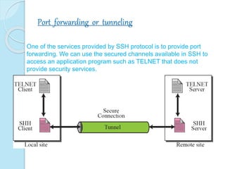 Port forwarding or tunneling
One of the services provided by SSH protocol is to provide port
forwarding. We can use the secured channels available in SSH to
access an application program such as TELNET that does not
provide security services.
 