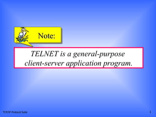 TCP/IP Protocol Suite TELNET is a general-purpose  client-server application program. Note: 