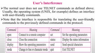 User’s Interference
The normal user does not use TELNET commands as defined above.
Usually, the operating system (UNIX, for example) defines an interface
with user-friendly commands.
Note that the interface is responsible for translating the user-friendly
commands to the previously defined commands in the protocol.
 