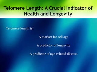 Telomere Length: A Crucial Indicator of
Health and Longevity
Telomere length is:
A marker for cell age
A predictor of longevity
A predictor of age-related disease
 