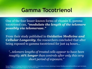Gamma Tocotrienol
One of the four lesser-known forms of vitamin E, gamma
tocotrienol can, “modulate the length of the telomere
possibly via telomerase.”
From their study published in Oxidative Medicine and
Cellular Longevity, the researchers concluded that after
being exposed to gamma tocotrienol for just 24 hours...
“...telomere lengths of treated cells appear to have been
roughly 16% longer than controls after only this very
short period of exposure.”
Suzana Makpol, et al. Gamma-Tocotrienol prevents oxidative stress-induced telomere shortening in human fibroblasts derived from different aged individuals.
Oxidative Medicine and Cellular Longevity, 3(1); Jan-Feb 2010.
 