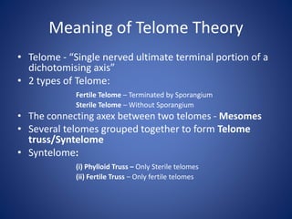 Meaning of Telome Theory
• Telome - “Single nerved ultimate terminal portion of a
dichotomising axis”
• 2 types of Telome:
Fertile Telome – Terminated by Sporangium
Sterile Telome – Without Sporangium
• The connecting axex between two telomes - Mesomes
• Several telomes grouped together to form Telome
truss/Syntelome
• Syntelome:
(i) Phylloid Truss – Only Sterile telomes
(ii) Fertile Truss – Only fertile telomes
 
