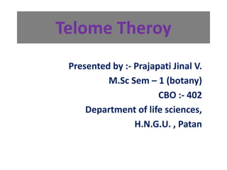 Telome Theroy
Presented by :- Prajapati Jinal V.
M.Sc Sem – 1 (botany)
CBO :- 402
Department of life sciences,
H.N.G.U. , Patan
 