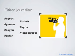 Citizen Journalism

#egypt 
                    #tahrir  
#yemen 
                    #syria 
#25gen
                    #...