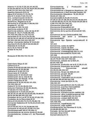 Telos 108
Adama-11,12,16,17,25,32,44,46,50,         Computadoras        y    Producción     de
51,62,64,66,67,74,75,76,78,81,82,83,888   Comestibles-69
9,90,117,121,123,124,126,127              Computadoras y Registros Akashicos- 22
Agartha Network –13,19                    Computadores y Red Mundial Estelar-22
Agua – 67,63,64,71,72,76,79               Comunicación telepática- 16,35,39,50
Aire – 11,12,64,71,81,113,131             59,65,97,106,131
Aire, contaminación – 65,77               Conciencia–2,9,16,26,17,23,24,
Aire, purificación de – 64,65             27,28,31,32,37,38,39,40,43,44,48,50,515
Akashicos, Registros – 22                 5,59,62,66,65,70,75,76,79,82-84,87,89-9
Alimentos – 57,60,69,71,98,99,100         4,99-114,118,120-126,131,
Ángeles – 43,102                          Conciencia cósmica– 37
Animales – 100,112,123                    Conciencia Crística–43,121
Aperturas polares – 81                    Conciencia de la humanidad– 26
Aperturas polares, vista de las – 81      Conciencia de la quinta dimensión– 120,
Árboles – 55,71,73,86,98,100,             124
101,103,105,109,111,112,113,115           Conciencia de los Cetáceos–16,126
Ascensión – 12,13,21,24,25,28,            Conciencia    del    amor   y   verdadera
29,32,34,37,38,40,47,49,50,51,94,96,991   Hermandad–27
02,103,118,122,123,124,125,127            Conciencia tipo “piloto automático” –
Ashtar ,Comando Ashtar – 13,24,84         120,
Asuntos – 29,34,38,61,62,63,66,91         121,123
Atlántida – 13,18,20                      Conciencia, caída de la–75
Aura de la Tierra – 120                   Conciencia, capas de –44
Avatar-– 40,104                           Conciencia, conecta–27,90,106
B                                         Conciencia, cristales–108,109,111,112
                                          Conciencia elevada–76,79,84,102,
Bosques – 86,100,112,114,131              107,108
                                          Conciencia, elevación de la–2,24,31,
C                                         32,37,79.87,102,107-109,125
                                          Conciencia, estado de la –24,31,
                                          65,94,106,109
Calendario Maya – 30                      Conciencia, Evolución de la – 17,28,31,43
Cáñamo – 71                               Conciencia, Expansión de la –26
Casas – 62,82,83,98,100,104,112           Conciencia,       frecuencias       altas–
Cataclismos – 25,82,86                    24,39,40,48,106,107
Catharia – 10,92,101,113                  Conciencia, Grupo de –90,91,131
Caverna(s) – 17,20,64                     Conciencia, grupal- 90,91
Celebración – 50,55,87,122                Conciencia, luz de –37
Celebración de la vida – 55               Conciencia, masiva–17,23,31,43,55
Celebración de Wesak – 50                 62,66,82,89,93,99,100,126
Centro Galáctico – 30                     Conciencia, nivel de –24,31,79,
Cetáceos – 16,30,40,62,101,102,           109,120,121
112,125,126,131                           Conciencia plena–16,51,59,70,126,131
Cielos – 10,13,35,38,50,102               Conciencia ,puertas internas–104
Cinturón Fotónico-– 29,30,36,65,          Conciencia, saltos de –17,111
77,80,83,117,118,119,125                  Conciencia Superior–99
Ciudades-– 11,13,20,23,24,27,             Conciencia, transformación de–94,118
28,30,32,37,38,40,43,50,65,66,79,86,87    Conciencia, ultra multidimensional-109
90,91,94,96,98,105,125,126                Conciencia, Una–50,93,112,114,131
Ciudades de la Luz-– 13,19,32,37,66,105   Conciencia, unidad de– 93,103
Ciudades de la Oscuridad-– 31             Conciencia, unión de–29,93,104,
Clima-– 20,53,63,73,74,75,76,86,118       105,108,109,
Comando Galáctico-– 13,16,22,24,84,126    Conciencia, viaja–38,83,110
Comida–                                   Conciencia, viaje en–83
54,57,60,67,70,71,72,79,88,99,100         Confederación de Planetas – 13,16,
Compartir-– 49,54,67,70,90,114,124        24,68,80,83,96,131
Computadoras– 39,47,79,106,111            Consejo, de los doce– 12,60
Computadoras de amino ácido-– 26,66       Concejo, Gran – 64
Computadoras, Unidas a C. de Planetas–    Conservatorios – 14
67,80
 