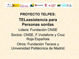 PROYECTO TELPES: TELeasistencia para Personas sordas Lidera: Fundación CNSE Socios: CNSE, F.Vodafone y Cruz Roja Española Otros: Fundación Tecsos y Universidad Politécnica de Madrid 