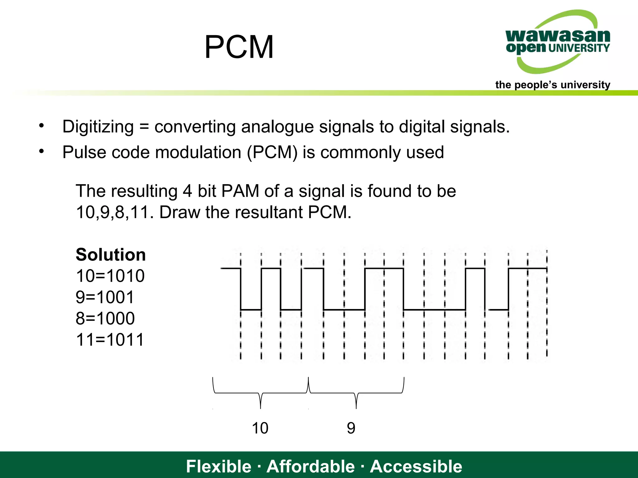 the people’s university
Flexible · Affordable · Accessible
PCM
• Digitizing = converting analogue signals to digital signals.
• Pulse code modulation (PCM) is commonly used
The resulting 4 bit PAM of a signal is found to be
10,9,8,11. Draw the resultant PCM.
Solution
10=1010
9=1001
8=1000
11=1011
10 9
 