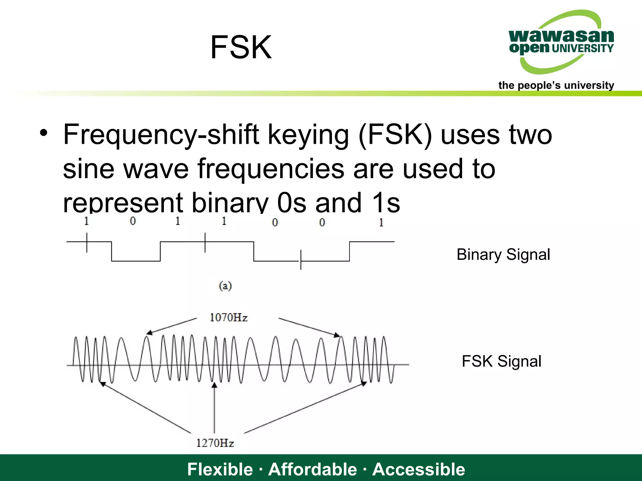the people’s university
Flexible · Affordable · Accessible
FSK
• Frequency-shift keying (FSK) uses two
sine wave frequencies are used to
represent binary 0s and 1s
Binary Signal
FSK Signal
 