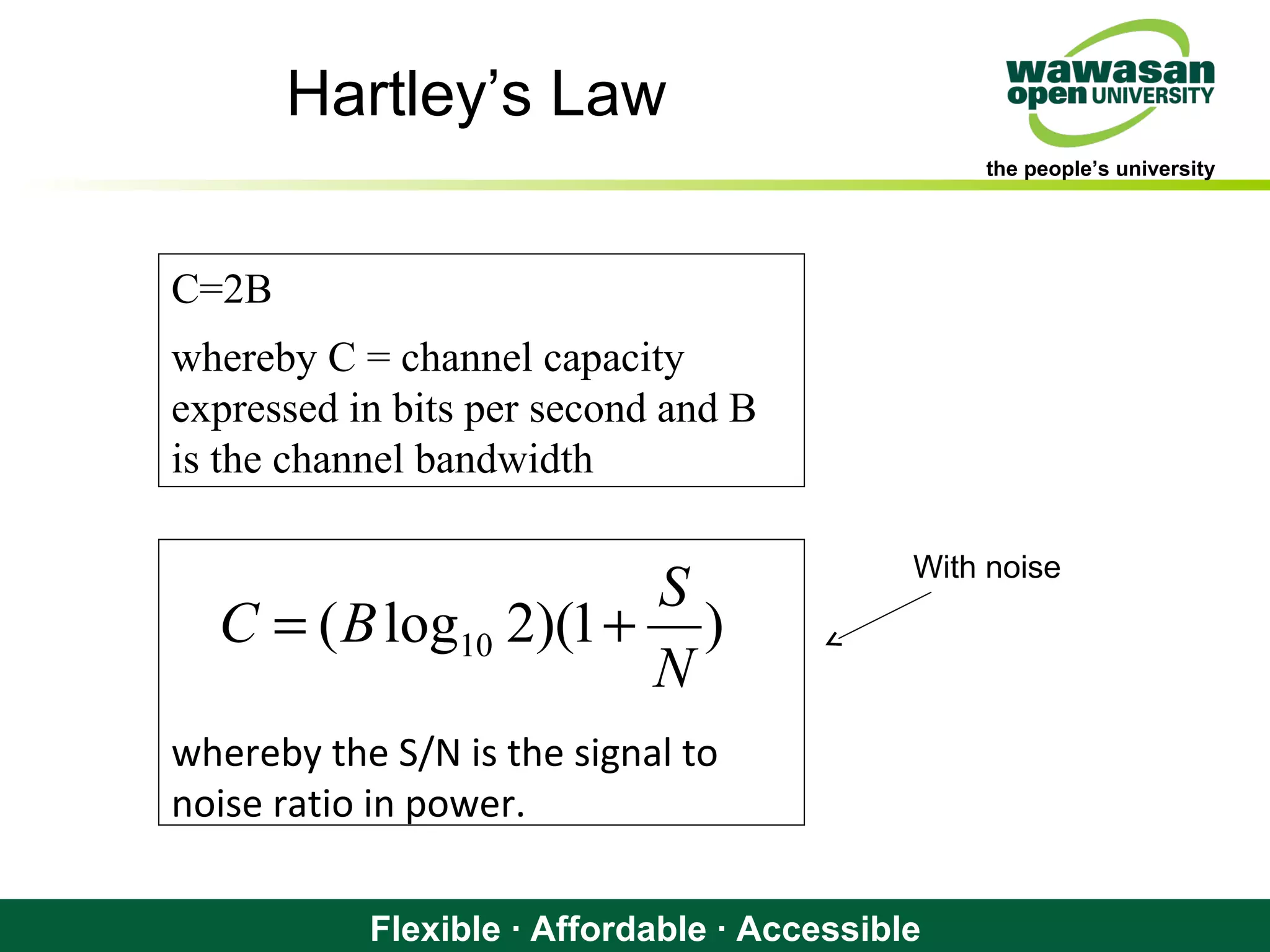 the people’s university
Flexible · Affordable · Accessible
Hartley’s Law
C=2B
whereby C = channel capacity
expressed in bits per second and B
is the channel bandwidth
whereby the S/N is the signal to
noise ratio in power.
)1)(2log( 10
N
S
BC +=
With noise
 