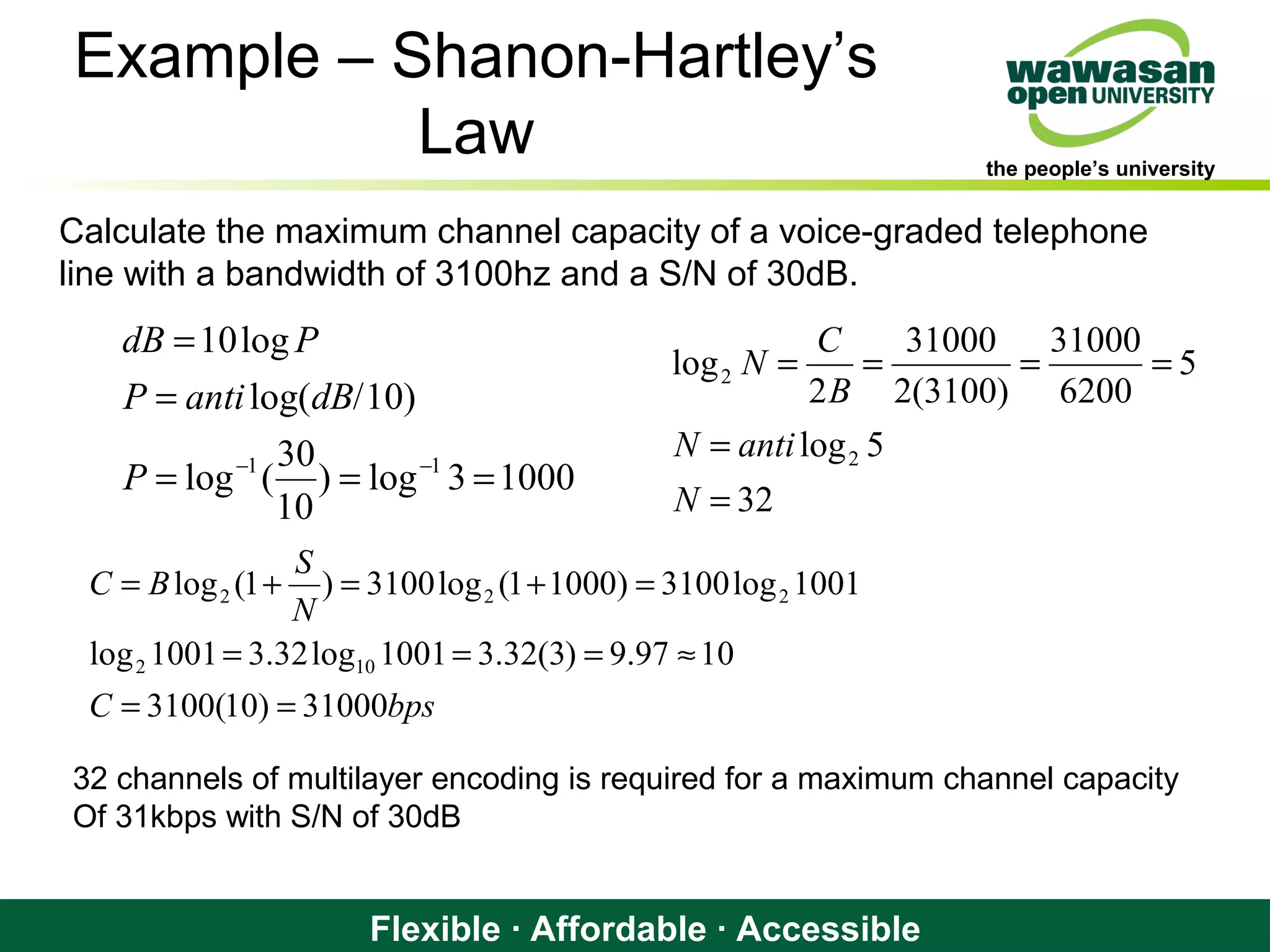 the people’s university
Flexible · Affordable · Accessible
Example – Shanon-Hartley’s
Law
Calculate the maximum channel capacity of a voice-graded telephone
line with a bandwidth of 3100hz and a S/N of 30dB.
10003log)
10
30
(log
)10/log(
log10
11
===
=
=
−−
P
dBantiP
PdB
bpsC
N
S
BC
31000)10(3100
1097.9)3(32.31001log32.31001log
1001log3100)10001(log3100)1(log
102
222
==
≈===
=+=+=
32
5log
5
6200
31000
)3100(2
31000
2
log
2
2
=
=
====
N
antiN
B
C
N
32 channels of multilayer encoding is required for a maximum channel capacity
Of 31kbps with S/N of 30dB
 