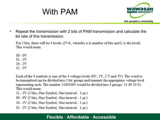 the people’s university
Flexible · Affordable · Accessible
With PAM
• Repeat the transmission with 2 bits of PAM transmission and calculate the
bit rate of this transmission.
 
