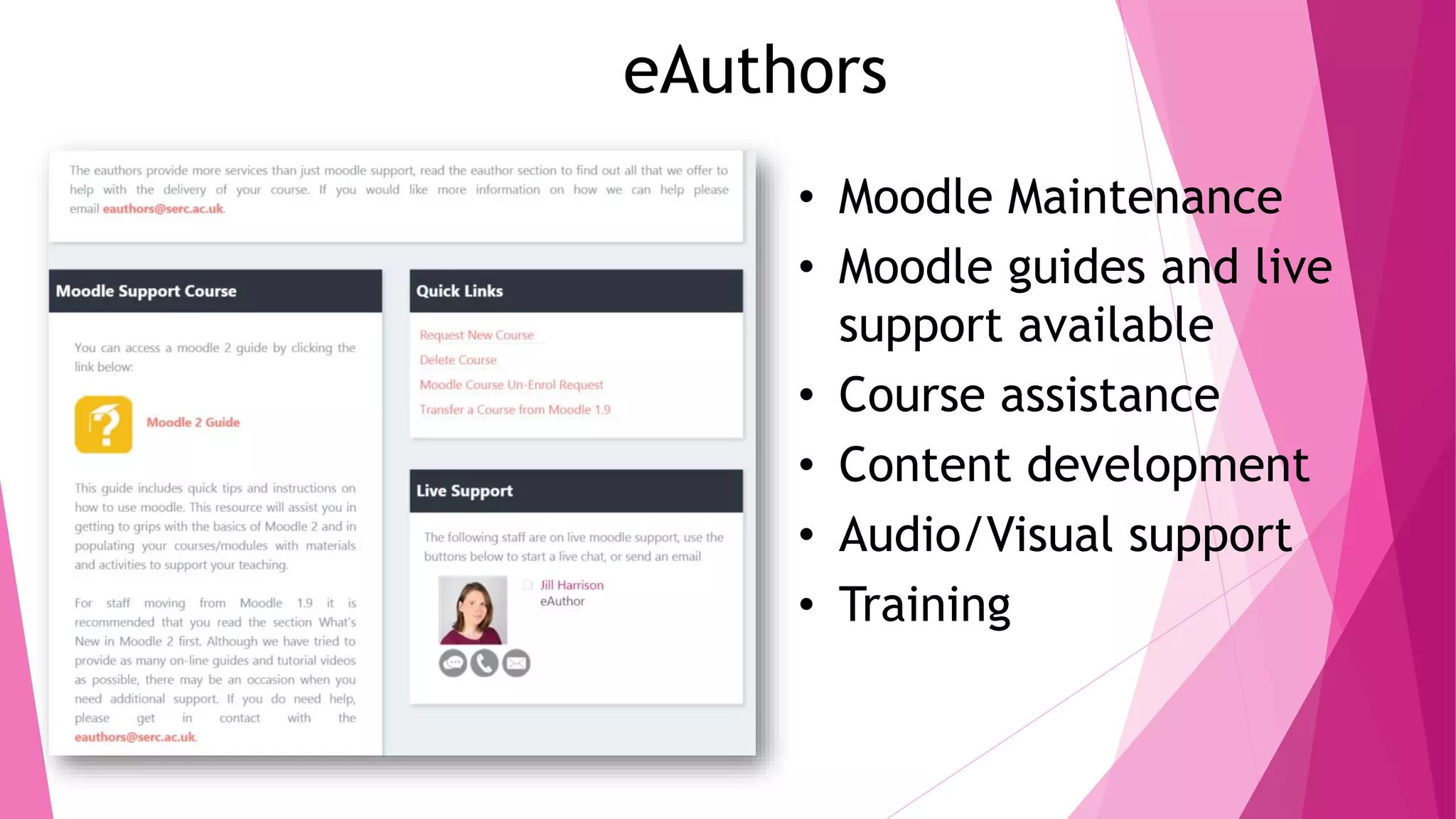 • Moodle Maintenance
• Moodle guides and live
support available
• Course assistance
• Content development
• Audio/Visual support
• Training
eAuthors
 