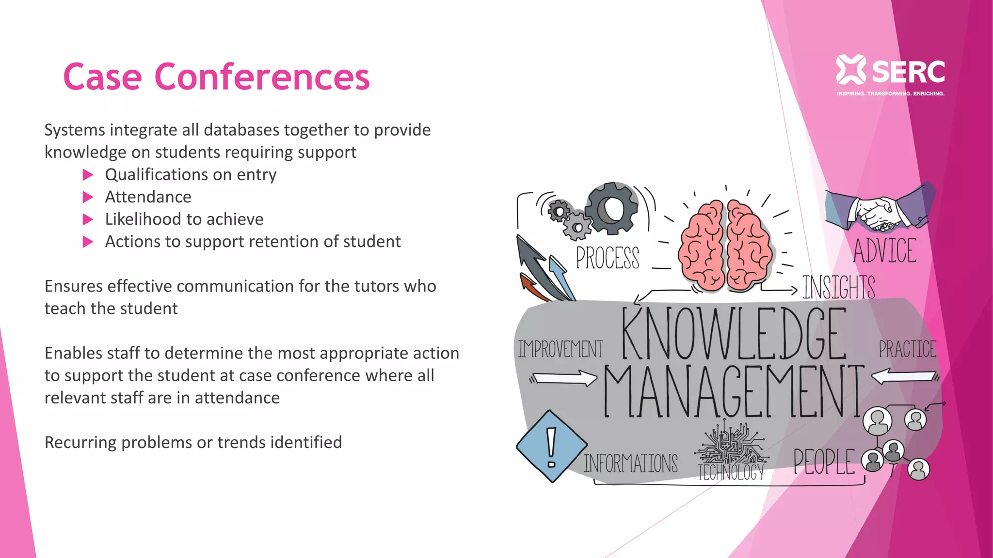 Case Conferences
Systems integrate all databases together to provide
knowledge on students requiring support
 Qualifications on entry
 Attendance
 Likelihood to achieve
 Actions to support retention of student
Ensures effective communication for the tutors who
teach the student
Enables staff to determine the most appropriate action
to support the student at case conference where all
relevant staff are in attendance
Recurring problems or trends identified
 