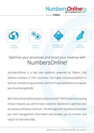 powered by
powered by
TelServ
www.numbersonline.com
Powered by TelServ
Global
Coverage
You’re in
Control
Management
Dashboard
Boost
Revenues
Optimize your processes and boost your revenue with
NumbersOnline!
NumbersOnline is a real time platform, powered by TelServ, that
delivers numbers in 145+ countries. This highly innovative platform is
built on compliance guarantees and anti fraud capabilities to support
your business globally!
Beinfullcontrolandserveyourcustomers24/7.Withinstantprocessing
of your request, you will increase customer satisfaction, optimize your
processes and boost revenues. The Management Dashboard provides
you with management information and enables you to monitor and
report on real time data.
 