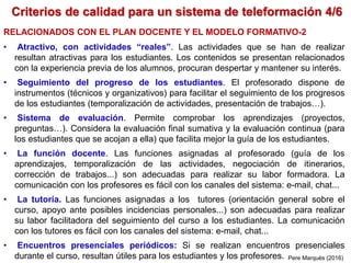 Criterios de calidad para un sistema de teleformación 4/6
Pere Marquès (2016)
RELACIONADOS CON EL PLAN DOCENTE Y EL MODELO...