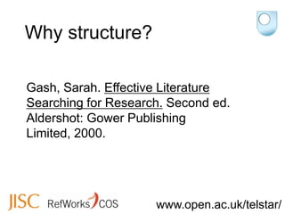 Why structure?

Gash, Sarah. Effective Literature
Searching for Research. Second ed.
Aldershot: Gower Publishing
Limited, ...