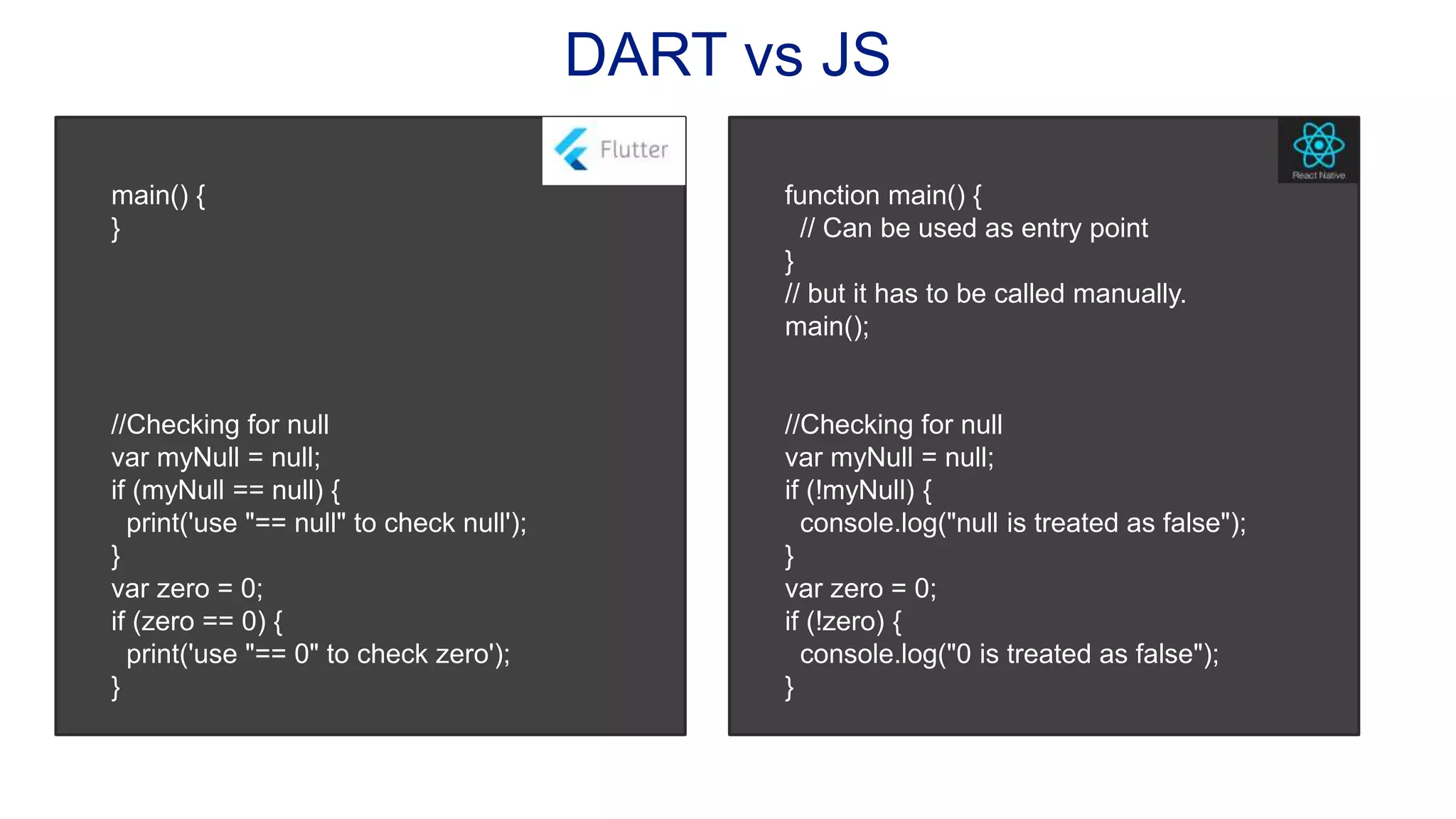 DART vs JS main() { } //Checking for null var myNull = null; if (myNull == null) { print('use "== null" to check null'); } var zero = 0; if (zero == 0) { print('use "== 0" to check zero'); } function main() { // Can be used as entry point } // but it has to be called manually. main(); //Checking for null var myNull = null; if (!myNull) { console.log("null is treated as false"); } var zero = 0; if (!zero) { console.log("0 is treated as false"); } 