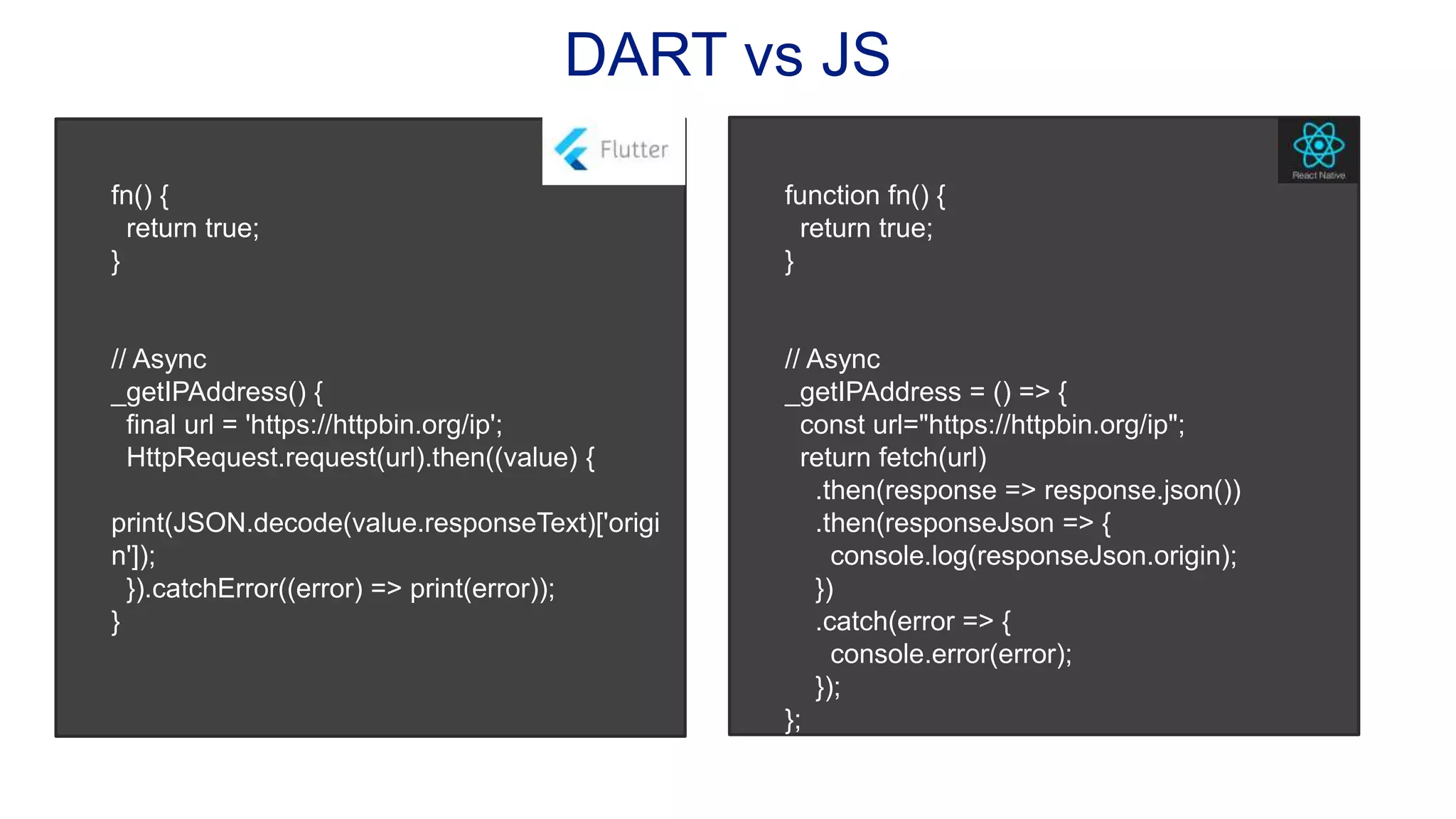 DART vs JS fn() { return true; } // Async _getIPAddress() { final url = 'https://httpbin.org/ip'; HttpRequest.request(url).then((value) { print(JSON.decode(value.responseText)['origi n']); }).catchError((error) => print(error)); } function fn() { return true; } // Async _getIPAddress = () => { const url="https://httpbin.org/ip"; return fetch(url) .then(response => response.json()) .then(responseJson => { console.log(responseJson.origin); }) .catch(error => { console.error(error); }); }; 