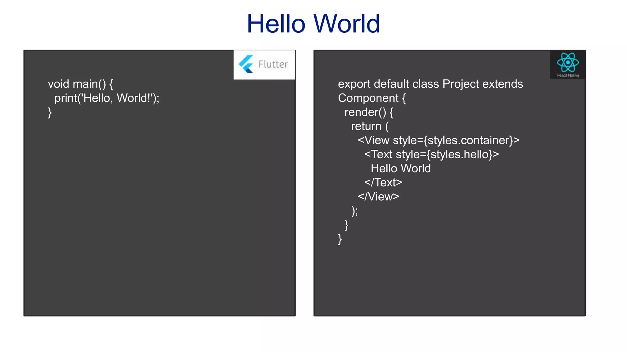 Hello World void main() { print('Hello, World!'); } export default class Project extends Component { render() { return ( <View style={styles.container}> <Text style={styles.hello}> Hello World </Text> </View> ); } } 