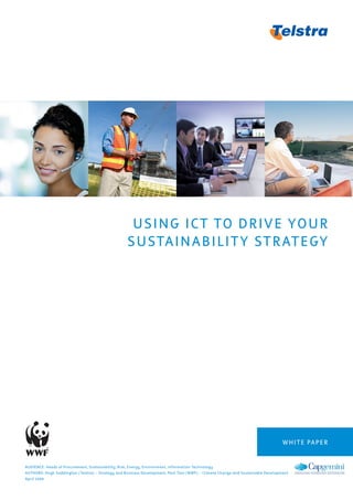 USING ICT TO DRIVE YOUR
SUSTAINABILITY STRATEGY
AUDIENCE: Heads of Procurement, Sustainability, Risk, Energy, Environment, Information Technology
AUTHORS: Hugh Saddington (Telstra) – Strategy and Business Development; Paul Toni (WWF) – Climate Change and Sustainable Development
April 2009
WHITE PAPER
 