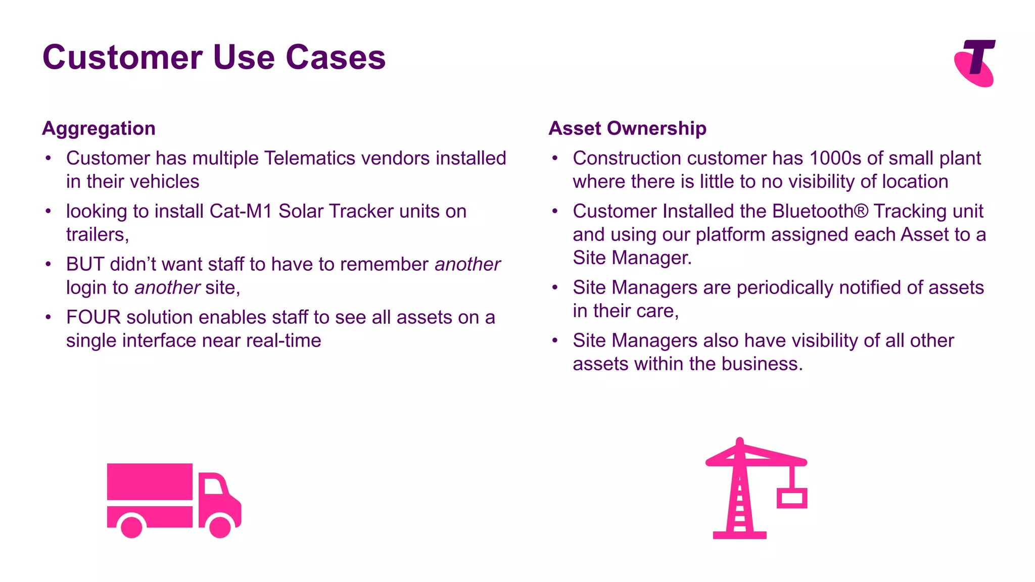 Customer Use Cases
Aggregation
• Customer has multiple Telematics vendors installed
in their vehicles
• looking to install Cat-M1 Solar Tracker units on
trailers,
• BUT didn’t want staff to have to remember another
login to another site,
• FOUR solution enables staff to see all assets on a
single interface near real-time
Asset Ownership
• Construction customer has 1000s of small plant
where there is little to no visibility of location
• Customer Installed the Bluetooth® Tracking unit
and using our platform assigned each Asset to a
Site Manager.
• Site Managers are periodically notified of assets
in their care,
• Site Managers also have visibility of all other
assets within the business.
 