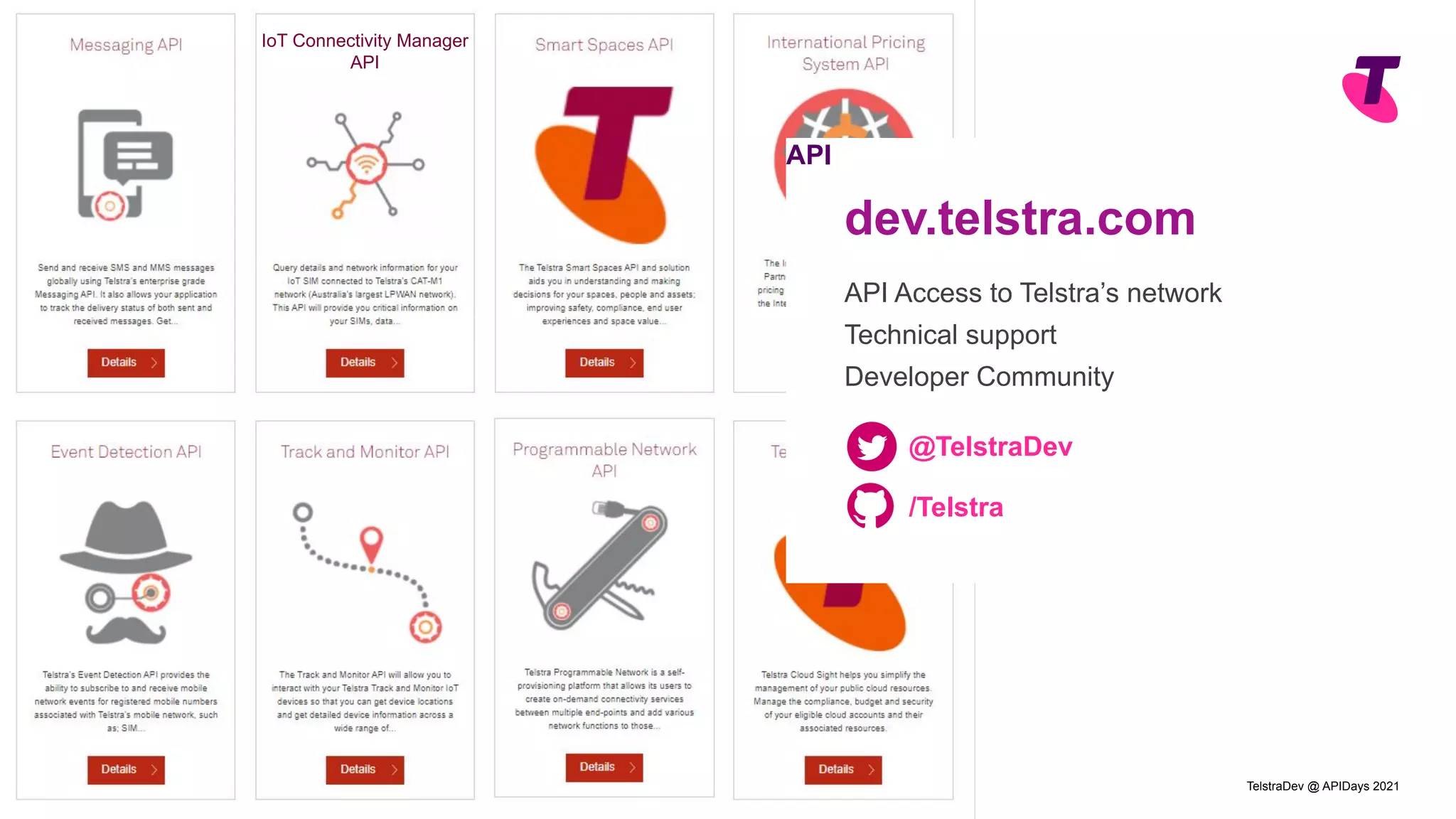 Page 13
IoT Connectivity Manager
API
API
dev.telstra.com
API Access to Telstra’s network
Technical support
Developer Community
/Telstra
@TelstraDev
TelstraDev @ APIDays 2021
 