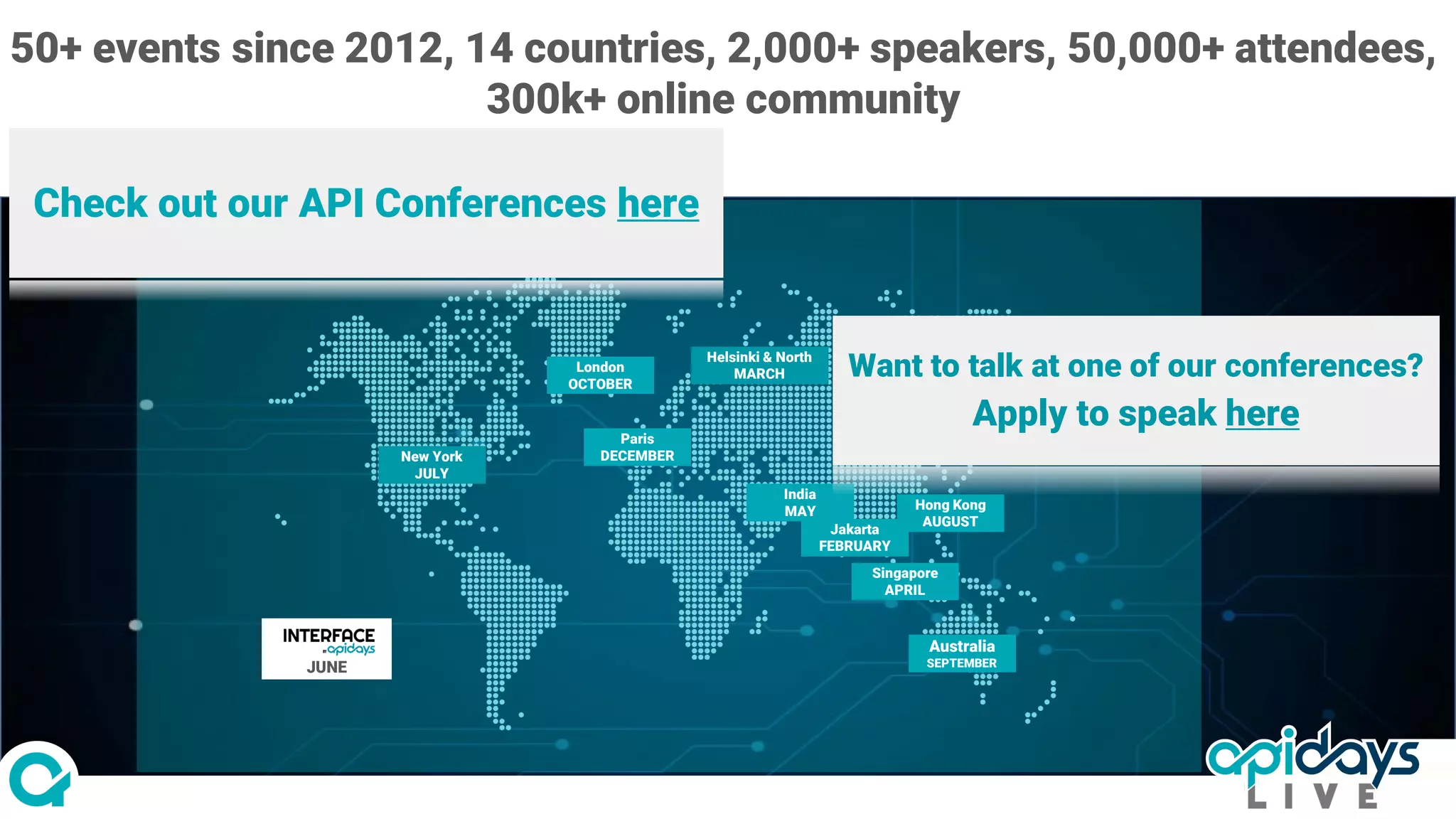 New York
JULY
Australia
SEPTEMBER
Singapore
APRIL
Helsinki & North
MARCH
Paris
DECEMBER
London
OCTOBER
Jakarta
FEBRUARY
Hong Kong
AUGUST
JUNE
India
MAY
Check out our API Conferences here
50+ events since 2012, 14 countries, 2,000+ speakers, 50,000+ attendees,
300k+ online community
Want to talk at one of our conferences?
Apply to speak here
 