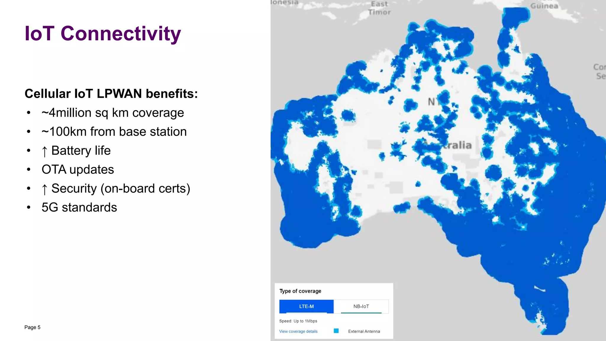 IoT Connectivity
Cellular IoT LPWAN benefits:
• ~4million sq km coverage
• ~100km from base station
• ↑ Battery life
• OTA updates
• ↑ Security (on-board certs)
• 5G standards
TelstraDev @ APIDays 2021
Page 5
 