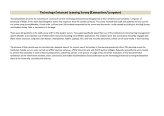 Technology Enhanced Learning Survey (Carmarthen/Lampeter)
This spreadsheet presents the outcomes of a survey of current Technology Enhanced Learning practice at the Carmarthen and Lampeter Campuses of
University of Wales Trinity Saint David (together with a few responses from the London campus). The survey involved both staff and students and was carried
out online using Survey Monkey. A total of 64 staff and over 200 students responded to the survey and the results can be viewed by clicking on the Staff Survey
and Student Survey Tabs at the bottom of the page.
There were 10 questions in the staff survey and 9 in the student survey. They asked specifically about their use of the institutional online learning management
system Moodle as well as their use of other online resources including Social Media applications. The students were also asked about how they engaged with
these online resources using their own devices (Smartphones, Tablets, Laptops, PCs ) and how they felt about that and the use of social media in their learning.

The purpose of the exercise was to contribute to a baseline view of the current use of technology in the learning process to inform TEL planning across the
institution. Similar surveys were carried out at the Swansea campuses of the University and with the FE partner colleges. Separate spreadsheets were created
to present the outcomes of each of those surveys which, collectively, deliver a rich picture of usage across the whole institution. A final document that
synthesises all the information recieved, draws conclusions and makes recomendations for consideration by the Technology Enhanced Learning development
team at the University, concludes the exercise.

 