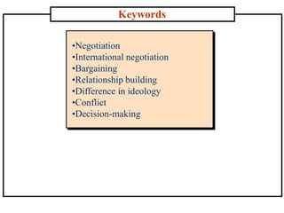 Keywords
•Negotiation
•International negotiation
•Bargaining
•Relationship building
•Difference in ideology
•Conflict
•Decision-making
 