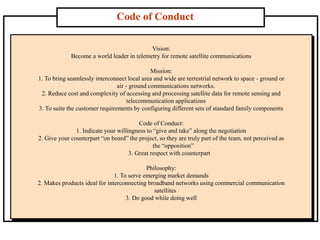 Code of Conduct
Vision:
Become a world leader in telemetry for remote satellite communications
Mission:
1. To bring seamlessly interconnect local area and wide are terrestrial network to space - ground or
air - ground communications networks.
2. Reduce cost and complexity of accessing and processing satellite data for remote sensing and
telecommunication applications
3. To suite the customer requirements by configuring different sets of standard family components
Code of Conduct:
1. Indicate your willingness to “give and take” along the negotiation
2. Give your counterpart “on board” the project, so they are truly part of the team, not perceived as
the “opposition”
3. Great respect with counterpart
Philosophy:
1. To serve emerging market demands
2. Makes products ideal for interconnecting broadband networks using commercial communication
satellites
3. Do good while doing well
 