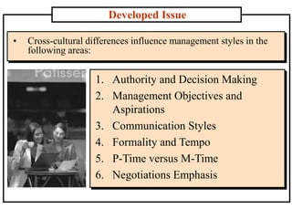 Developed Issue
• Cross-cultural differences influence management styles in the
following areas:
1. Authority and Decision Making
2. Management Objectives and
Aspirations
3. Communication Styles
4. Formality and Tempo
5. P-Time versus M-Time
6. Negotiations Emphasis
 
