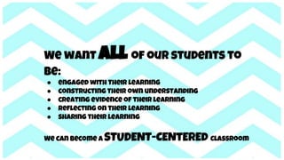 We want all of our students to
be:
● engaged with Their learning
● constructing their own understanding
● creating evidence of their learning
● reflecting on their learning
● sharing their learning
We can become a STUDENT-CENtErEd Classroom
 