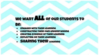We want all of our students to
be:
● engaged with Their learning
● constructing their own understanding
● creating evidence of their learning
● reflecting on their learning
● sharing their learning
 