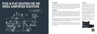 PLUG-N-PLAY SOLUTION FOR THE
WHOLE CAMPERVAN ECOSYSTEM
// CHALLENGE // BENEFITS
// SOLUTION
The challenge of implementing connectivity in a campervan is multifold. The device must be
sturdy enough to work smoothly in a moving vehicle. It also needs to have suitable mounting
options and should be easy to install. As the campervans often cross borders of multiple
countries, it needs to offer reliable connectivity in each of them, and especially - close to the
borders, where the signal of different operators overlaps. Another big issue to consider is the
security of the solution, where various devices are using the same WLAN.
CamperNET is a complete solution, offering reliable campervan connectivity without a com-
plicated setup. A combination of patented antenna technology by Antretter & Huber and
Tetlonika Networks dual SIM 4G RUT955 router ensures reliable connectivity even where a
cell phone would be failing. Using two SIM cards provides not only better network reception
in different areas but also helps to save on the operator charges. For example, if a vehicle is
crossing the border, the router will immediately switch to another SIM to avoid high roaming
tariff.
This plug-n-play solution does not require downloading and installing any apps to work with
any smartphone, laptop, tablet, or PC. A USB port available in the RUT955 allows connecting
SmartTV, streaming sticks, or WIFI sound systems straight to the internet. Multiple Ethernet
ports enable easily connecting IP cameras and other IP devices.
Robust RUT955 router can operate temperatures between -40 °C to 75 °C, so it will sur-
vive traveling in summer and winter conditions. The broad power voltage range makes the
RUT955 compatible with any type of camper battery and the whole solution takes less energy
than a LED lamp.
A complete solution meeting the WIFI
needs of any traveler – from data consum-
ing entertainment purposes to smooth
uninterrupted remote work experience.
Dual SIM functionality allows choosing any
two cellular operators to achieve better
network reception and save on expenses.
Hotspot enables sharing the internet with
others while setting up data limits saves
from too much data getting used.
Pre-installed Firewall ensures safe brows-
ing for all the devices under the router.
The ability to put the whole equipment un-
der one campervan WLAN allows connect-
ing the whole ecosystem to a free external
WIFI while on the camper site.
56
55
 