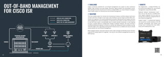 OUT-OF-BAND MANAGEMENT
FOR CISCO ISR
// CHALLENGE // BENEFITS
// SOLUTION
Legacy connection methods for out-of-band management are subject to slow connection
speeds, high monthly recurring charges. Moreover, aging modems are vulnerable & unreli-
able making the whole remote access solution undependable. As a result, Network managers
need a better option for infrastructure out-of-band management.
The most reliable option for remote site monitoring is having a certified network technician
on-site at all times, though in most cases costs of doing so are too large to justify. Most com-
monly such engineers are hired by dedicated businesses offering technical support services
which delegate their technical engineers on-demand to the location of client’s infrastructure
in case the main router is unreachable over its wired Internet connection. In the majority
of cases, a simple reboot or configuration change is needed. However, the costs of hiring a
certified professional engineer to travel to a remote site, debug and solve a problem are sig-
nificantly higher than upgrading existing PSTN infrastructure to reliable and secure remote
access solution for out-of-band management.
Multi-megabit speeds, improved response times, wide coverage and flexibly priced LTE plans
make 4G LTE a great option for upgrade - not only for out-of-band management but also for
WAN backup.
Fast deployment – multiple RUT955s can
be quickly preconfigured for out-of-band
management using Teltonika RMS.
Reduced network maintenance costs –
even one on-site visit by a certified tech-
nical support engineer can be more ex-
pensive than installing a single RUT955 for
out-of-band management.
Support speed – a professional engineer
can access the console interface of an ISR
remotely immediately and resolve any
arising issues avoiding time zone differ-
ences and traveling time to site.
70
69
 