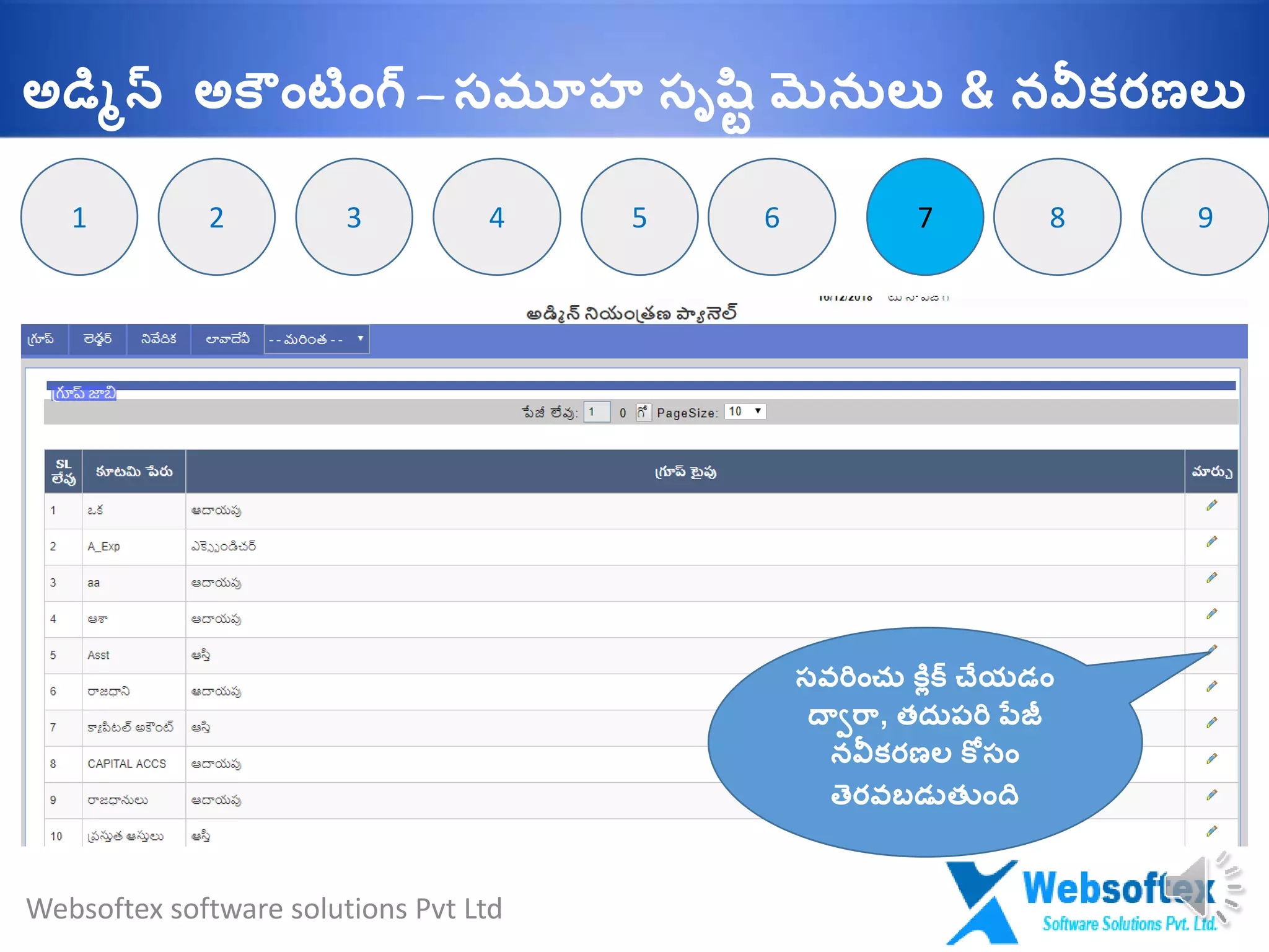 772
సవరిాంచు కలిక్ చేయడాం
దాారా, తదుప్రి ప్్జీ
నవీకరణల క సాం
తెరవబడుత ాంది
3 64 5 8 91
Websoftex software solutions Pvt Ltd
అడమిన్ అక ాంటాంగ్ – సమూహ సృష్టవ మెనులు & నవీకరణలు
 