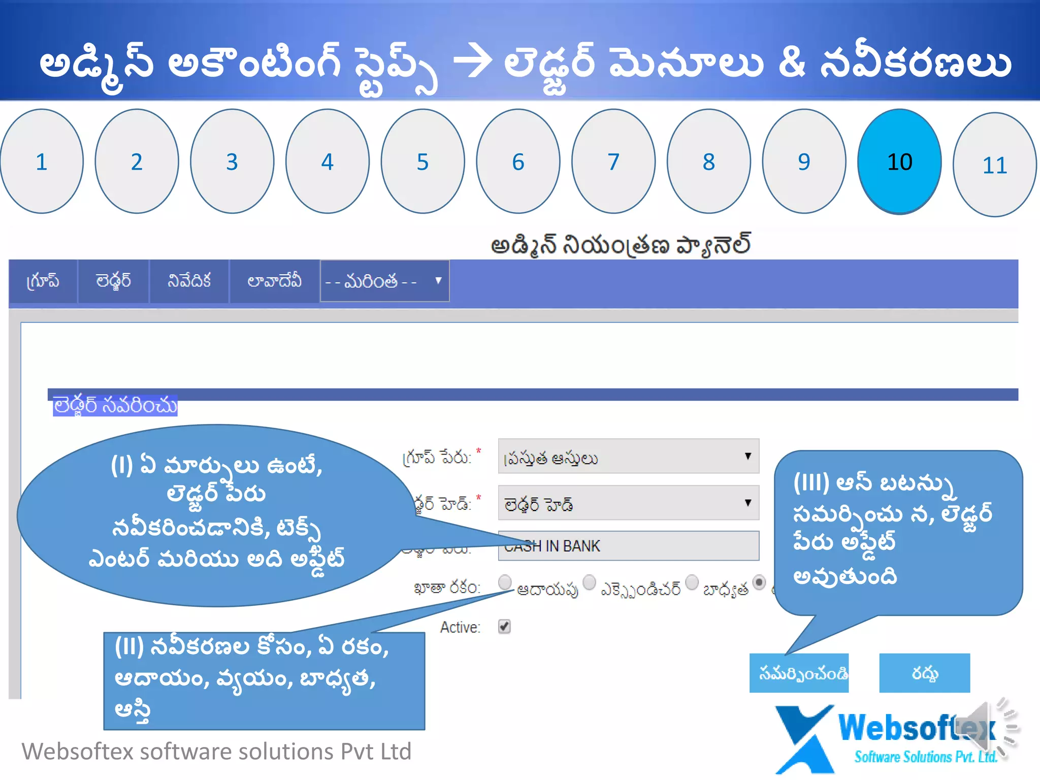 10
(I) ఏ మారుులు ఉాంటే,
లెడజర్ ప్్రు
నవీకరిాంచడానికల, టెక్ట్
ఎాంటర్ మరియు అది అప్్ేట్
(II) నవీకరణల క సాం, ఏ రకాం,
ఆదాయాం, వయయాం, బ్ధ్యత,
ఆసటి
(III) ఆన్ బటనుి
సమరిుాంచు న, లెడజర్
ప్్రు అప్్ేట్
అవుత ాంది
102 31 74 65 8 9 11
Websoftex software solutions Pvt Ltd
అడమిన్ అక ాంటాంగ్ సవప్్  లెడజర్ మెనూలు & నవీకరణలు
 