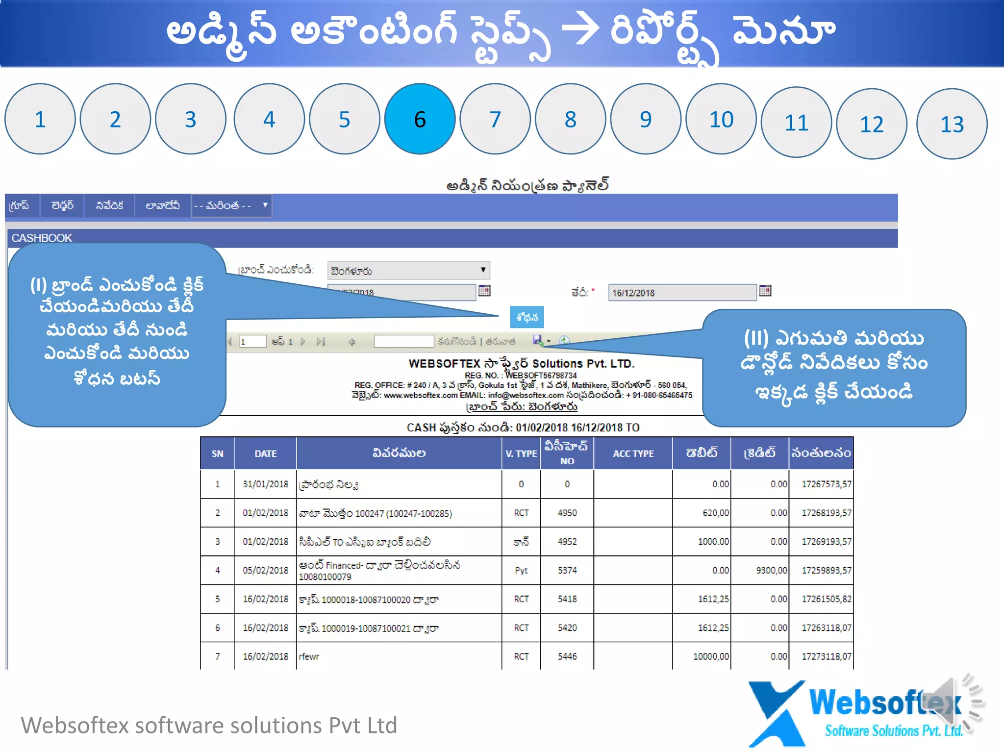 662 91 73 54 8 10 11 12 13
(I) బ్ర ాండ్ ఎాంచుక ాండమ కలిక్
చేయాండమమరియు తేదీ
మరియు తేదీ నుాండమ
ఎాంచుక ాండమ మరియు
శోధ్న బటన్
(II) ఎగ్ుమతి మరియు
డౌనలి డ్ నివేదికలు క సాం
ఇకకడ కలిక్ చేయాండమ
Websoftex software solutions Pvt Ltd
అడమిన్ అక ాంటాంగ్ సవప్్  రిపో ర్వ్ మెనూ
 